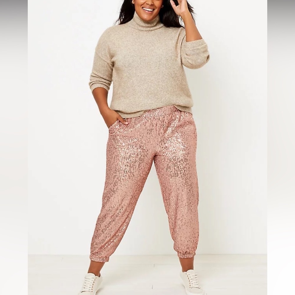 LOFT Ann Taylor Sequin Jogger Pants in Rose Gold Sz Large